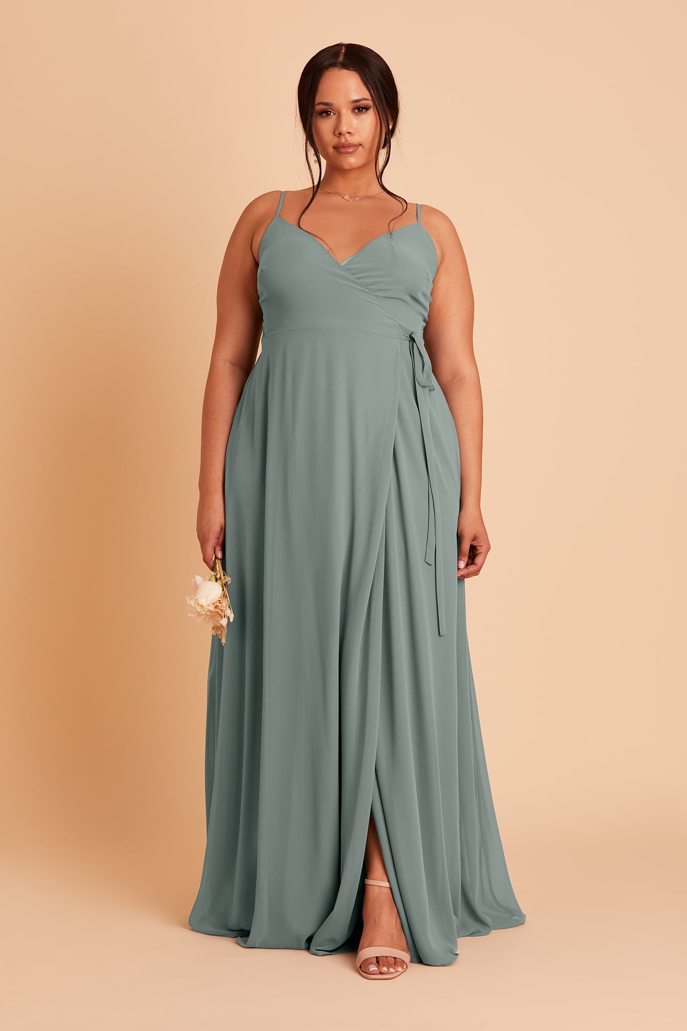 Cindy plus size bridesmaid dress with slit in sea glass chiffon by Birdy Grey, front view