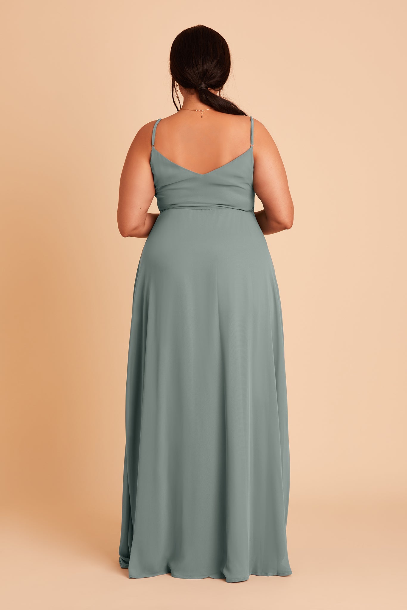 Cindy plus size bridesmaid dress with slit in sea glass chiffon by Birdy Grey, back view
