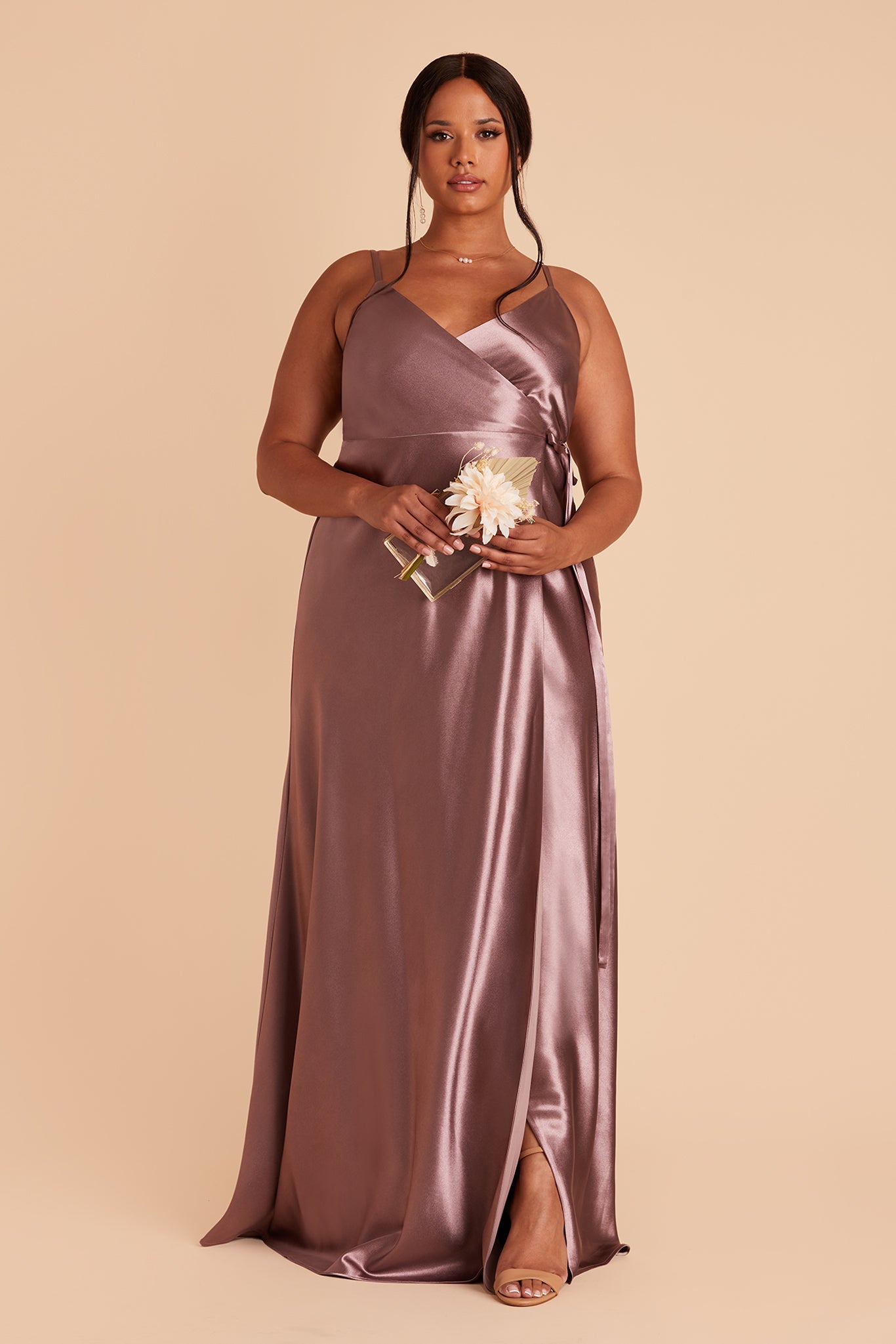 Cindy plus size bridesmaid dress with slit in dark mauve satin by Birdy Grey, front view