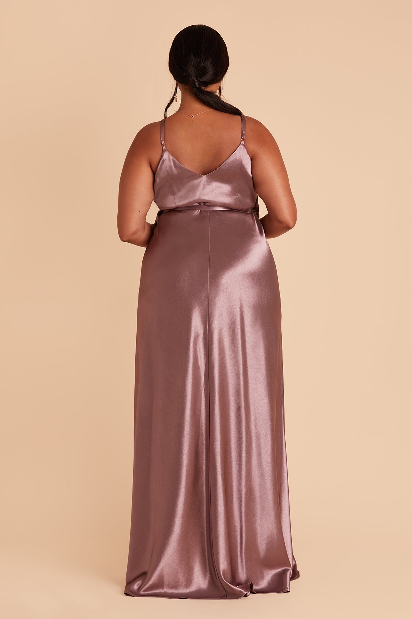 Cindy plus size bridesmaid dress with slit in dark mauve satin by Birdy Grey, back view