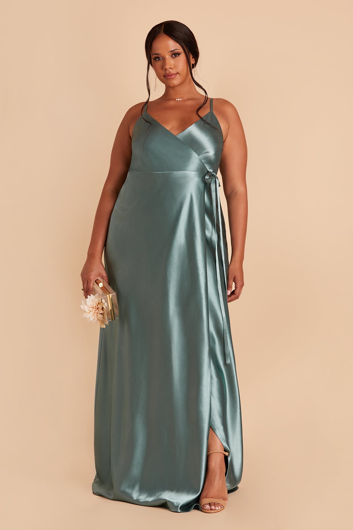 Cindy plus size bridesmaid dress with slit in sea glass satin by Birdy Grey, front view