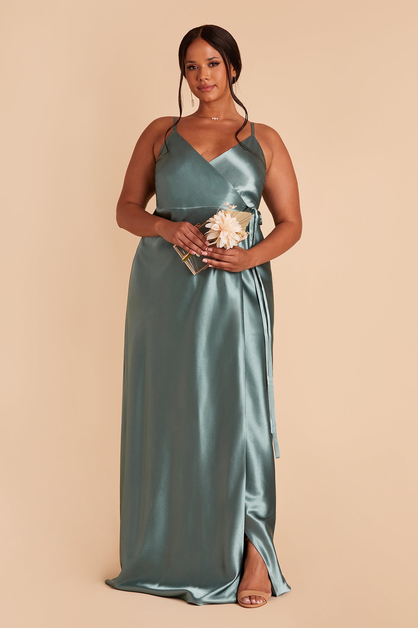 Cindy plus size bridesmaid dress with slit in sea glass satin by Birdy Grey, front view