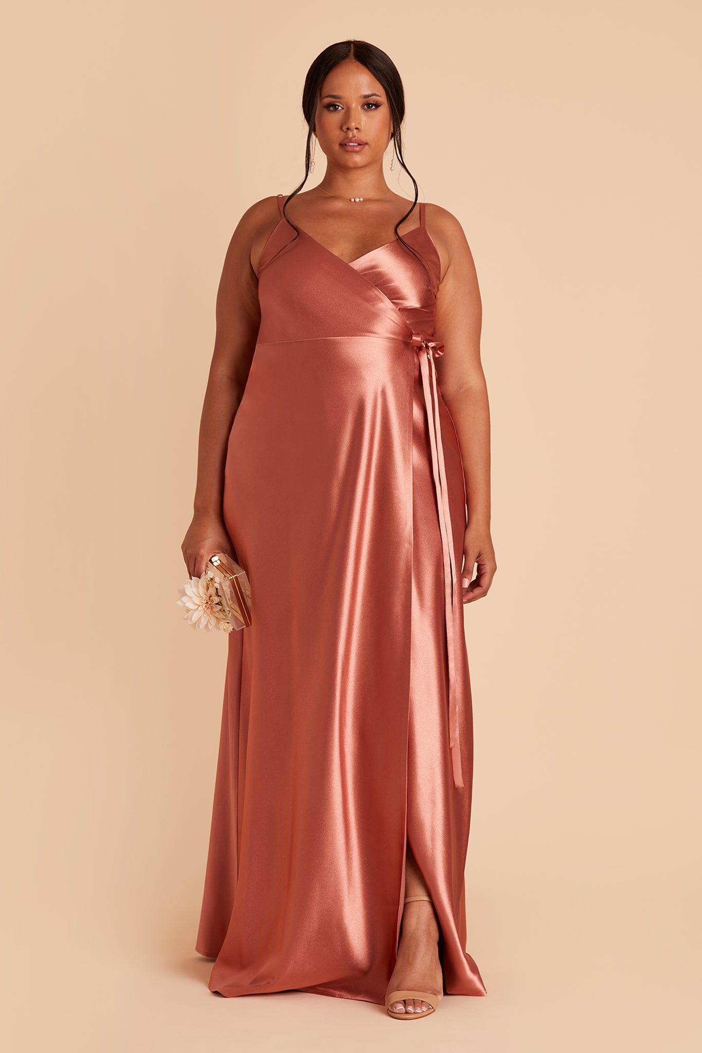 Cindy plus size bridesmaid dress with slit in terracotta satin by Birdy Grey, front view