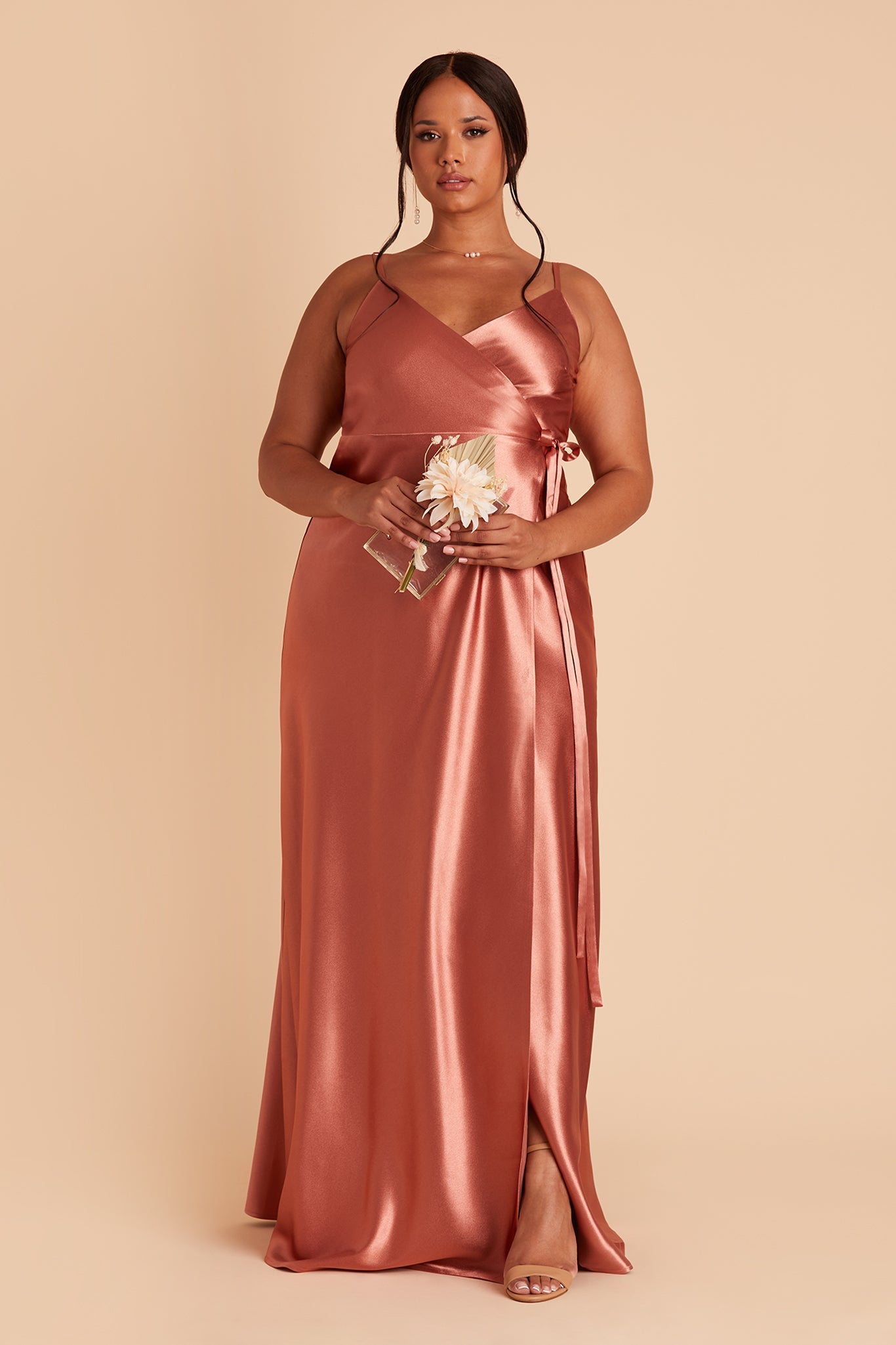 Cindy plus size bridesmaid dress with slit in terracotta satin by Birdy Grey, front view
