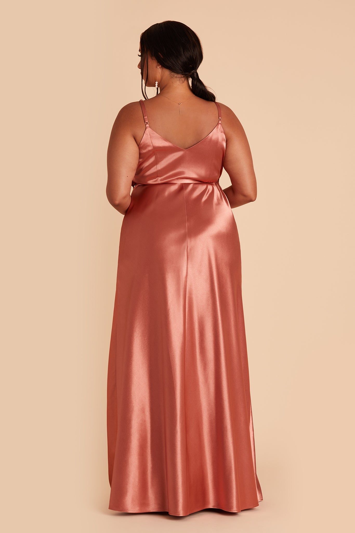 Cindy plus size bridesmaid dress with slit in terracotta satin by Birdy Grey, back view