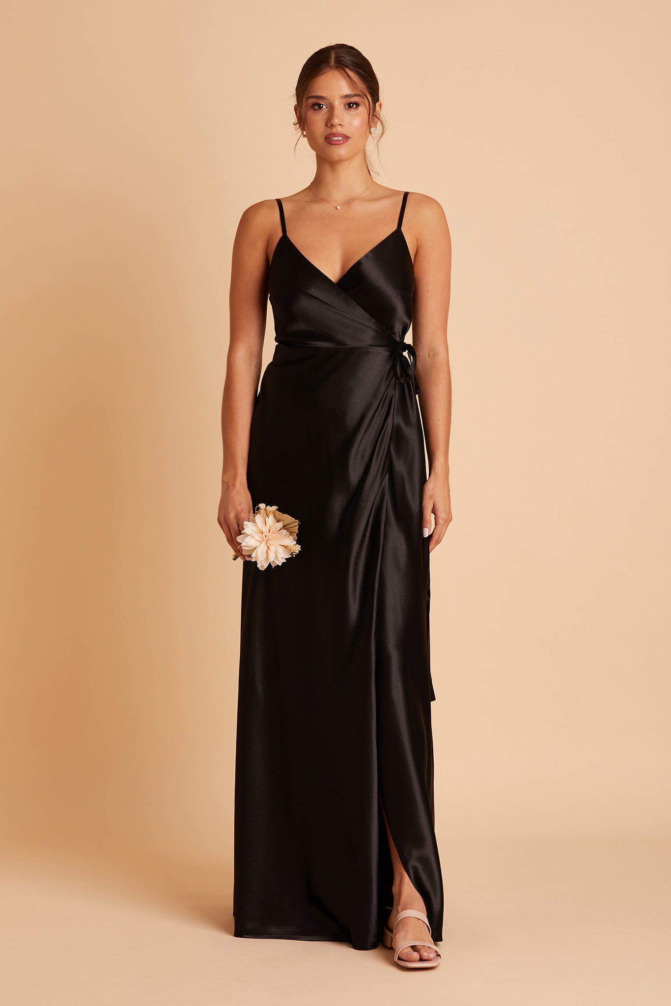 Cindy bridesmaid dress with slit in black satin by Birdy Grey, front view