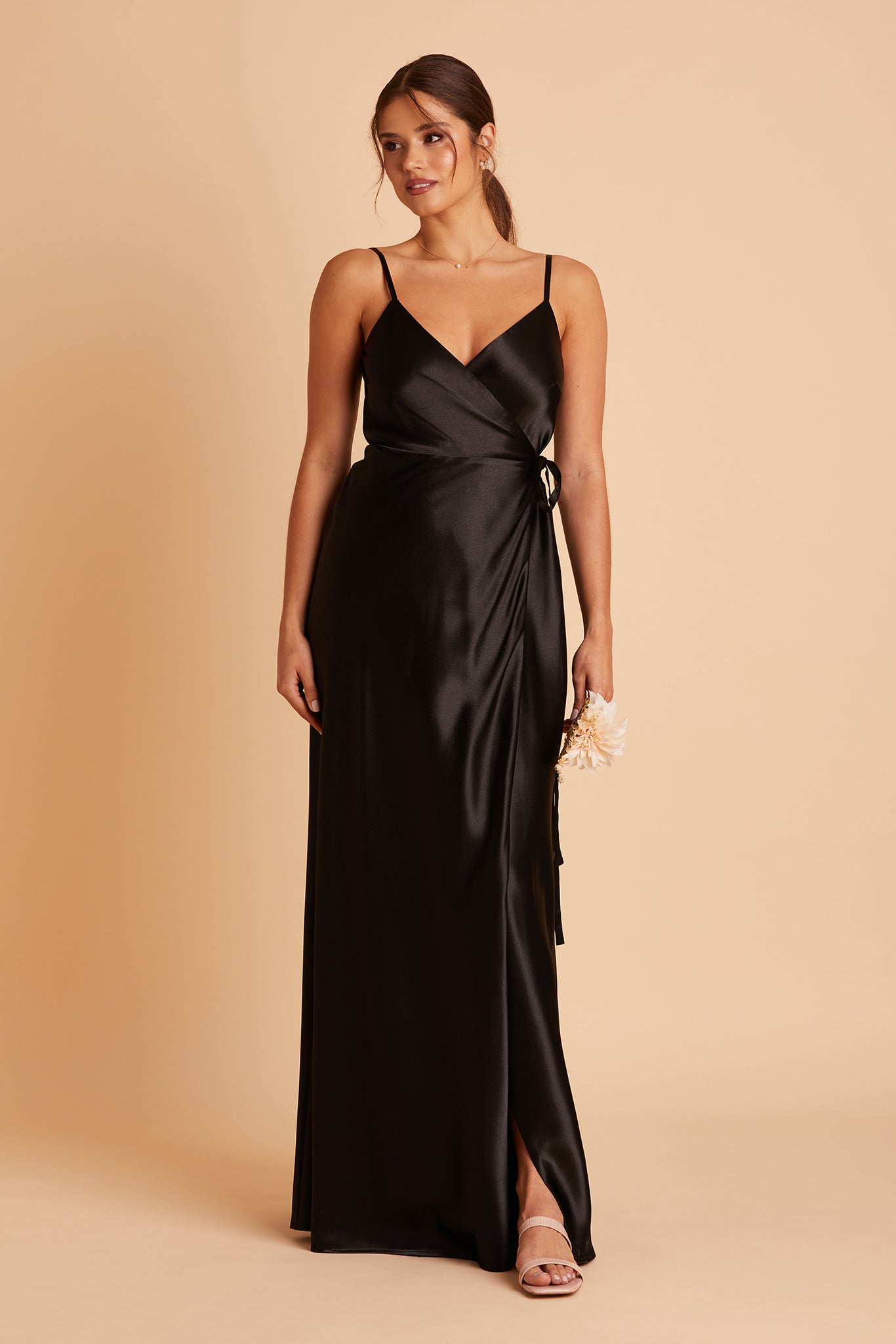 Cindy bridesmaid dress with slit in black satin by Birdy Grey, front view