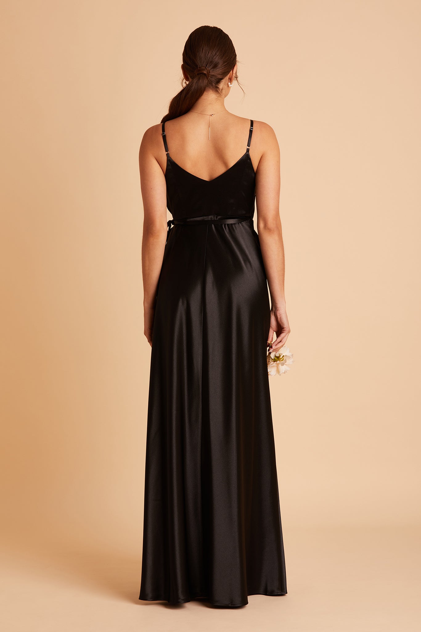 Cindy bridesmaid dress with slit in black satin by Birdy Grey, back view