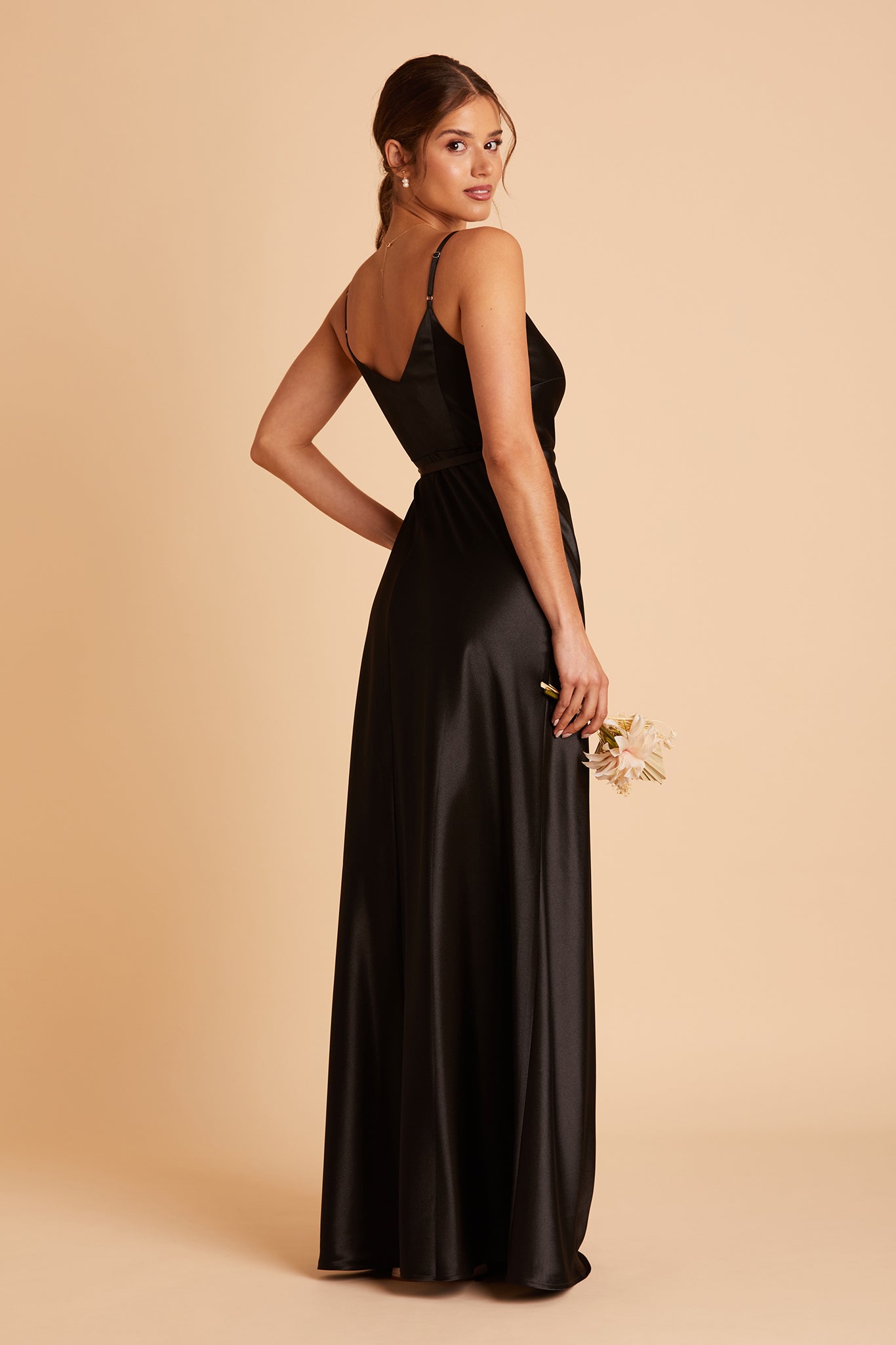Cindy bridesmaid dress with slit in black satin by Birdy Grey, side view