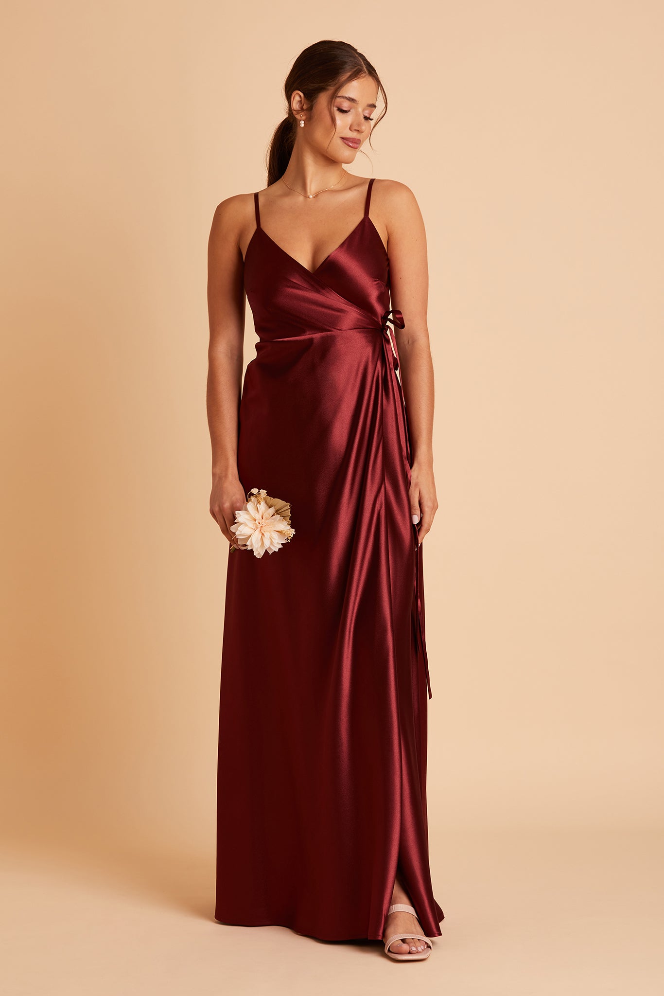 Cindy bridesmaid dress with slit in cabernet satin by Birdy Grey, front view