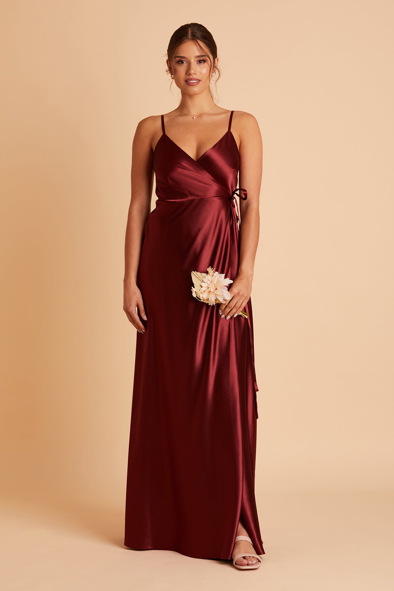 Cindy bridesmaid dress with slit in cabernet satin by Birdy Grey, front view