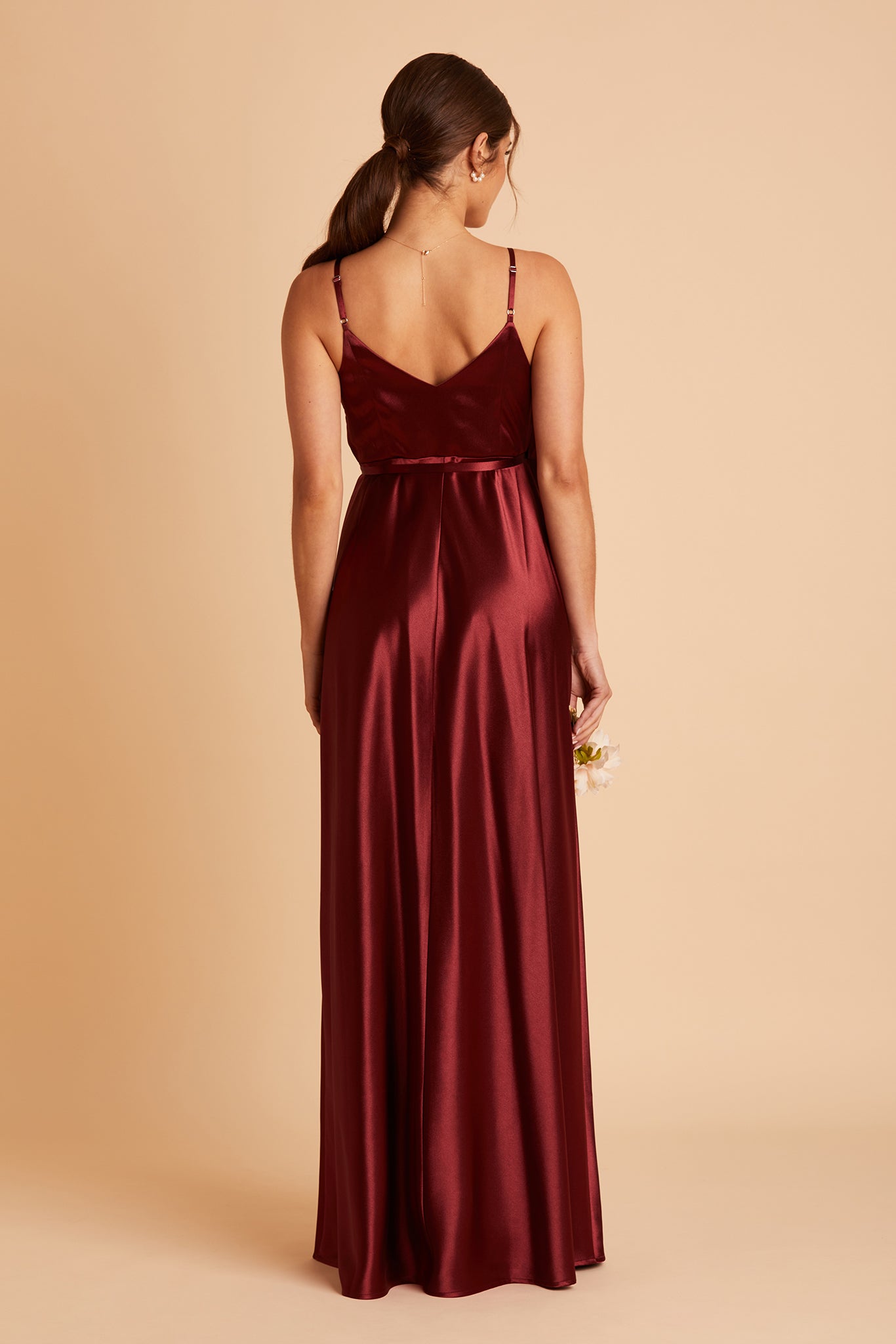 Cindy bridesmaid dress with slit in cabernet satin by Birdy Grey, back view