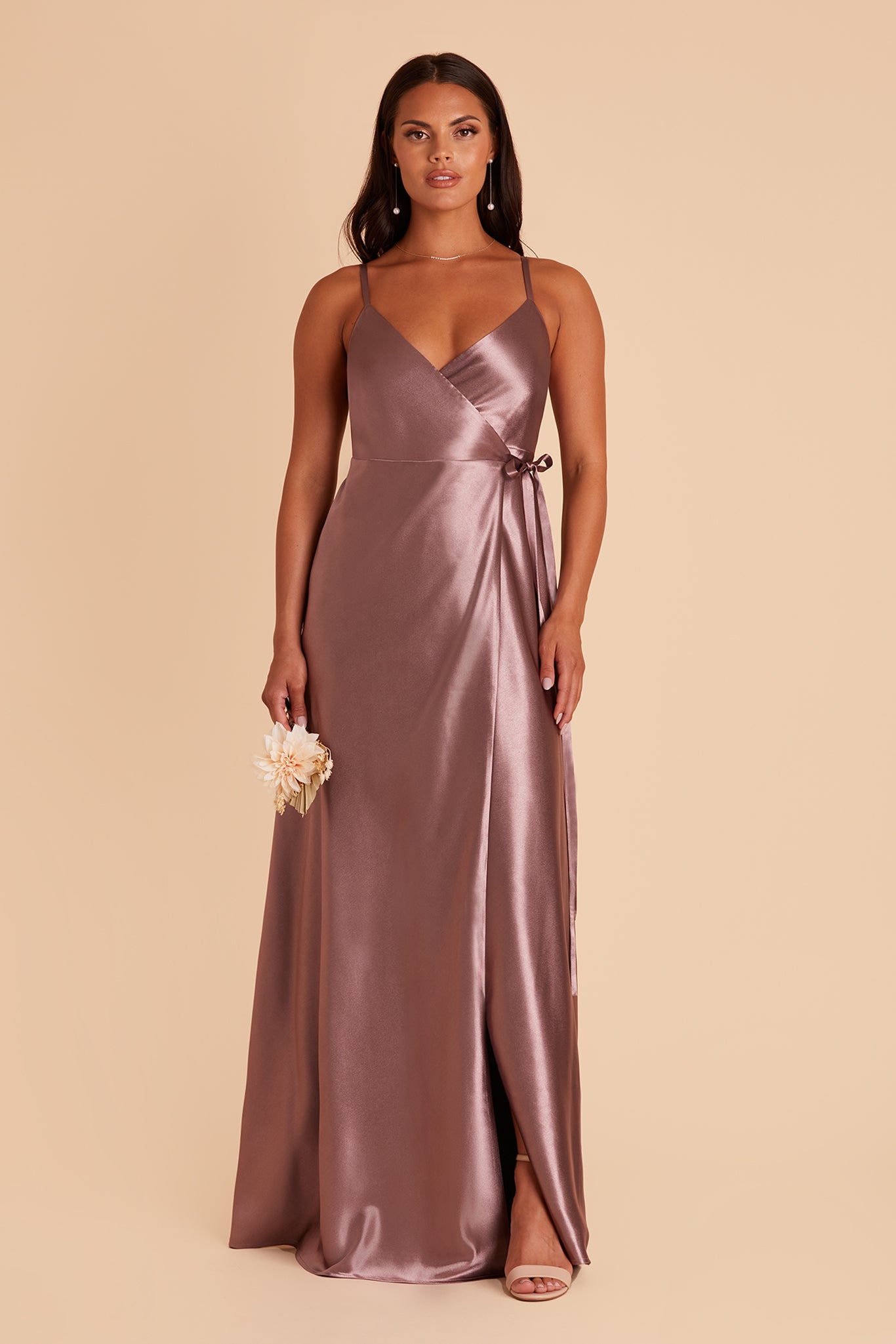 Cindy bridesmaid dress with slit in dark mauve satin by Birdy Grey, front view