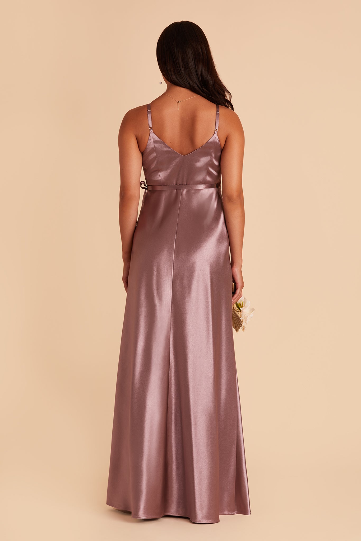 Cindy bridesmaid dress with slit in dark mauve satin by Birdy Grey, back view