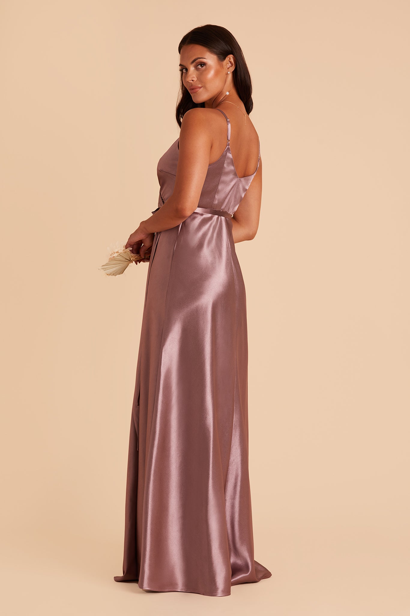 Cindy bridesmaid dress with slit in dark mauve satin by Birdy Grey, side view