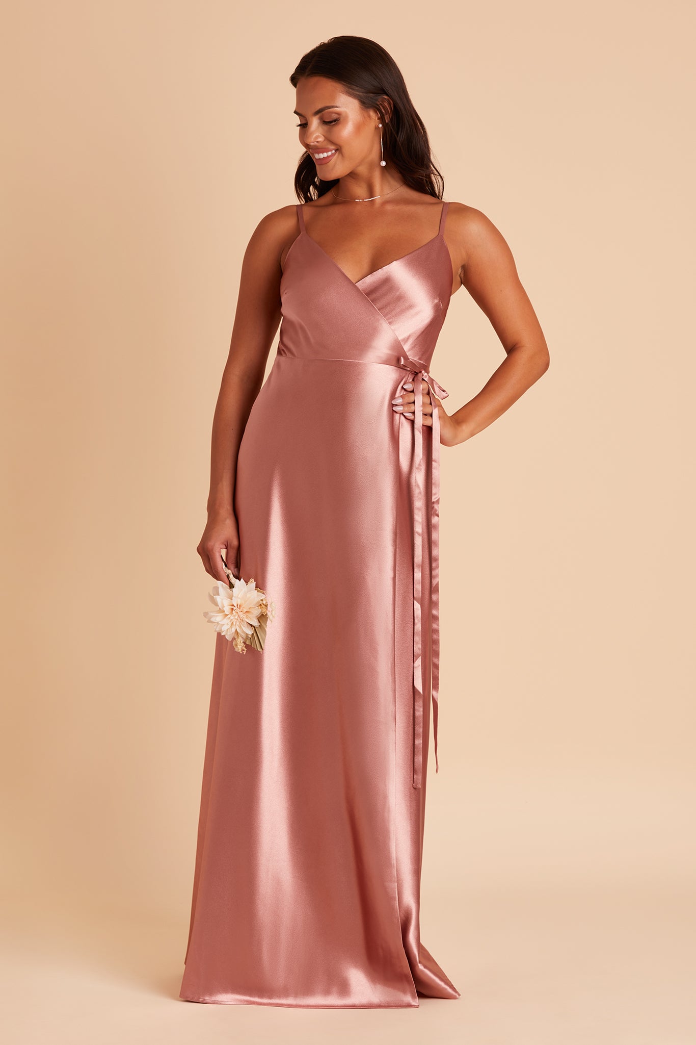 Cindy bridesmaid dress with slit in desert rose satin by Birdy Grey, front view