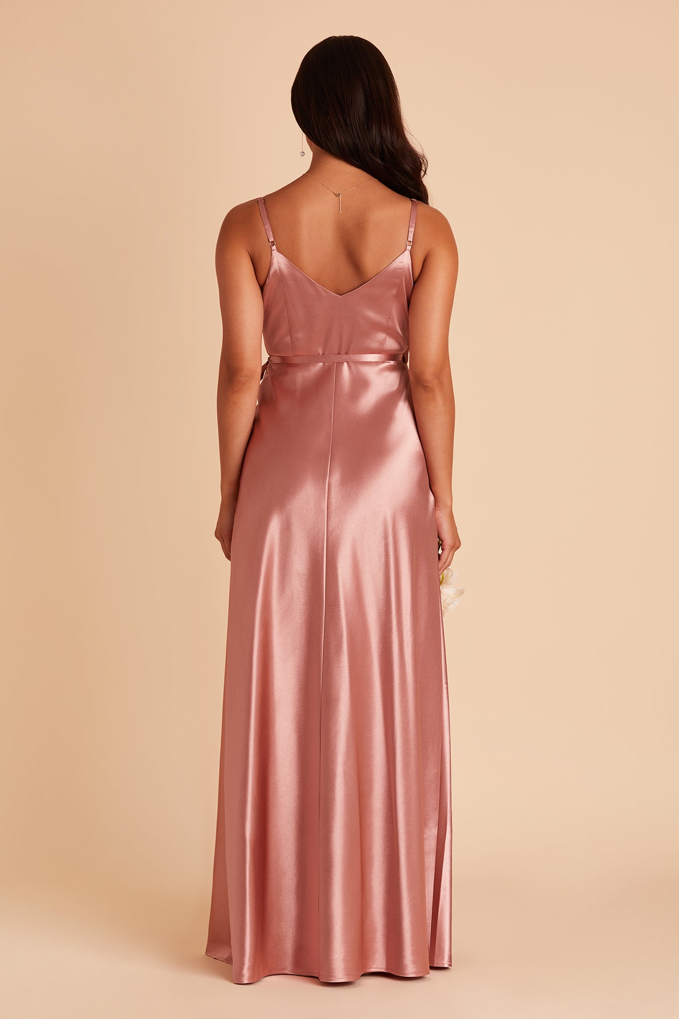 Cindy bridesmaid dress with slit in desert rose satin by Birdy Grey, back view