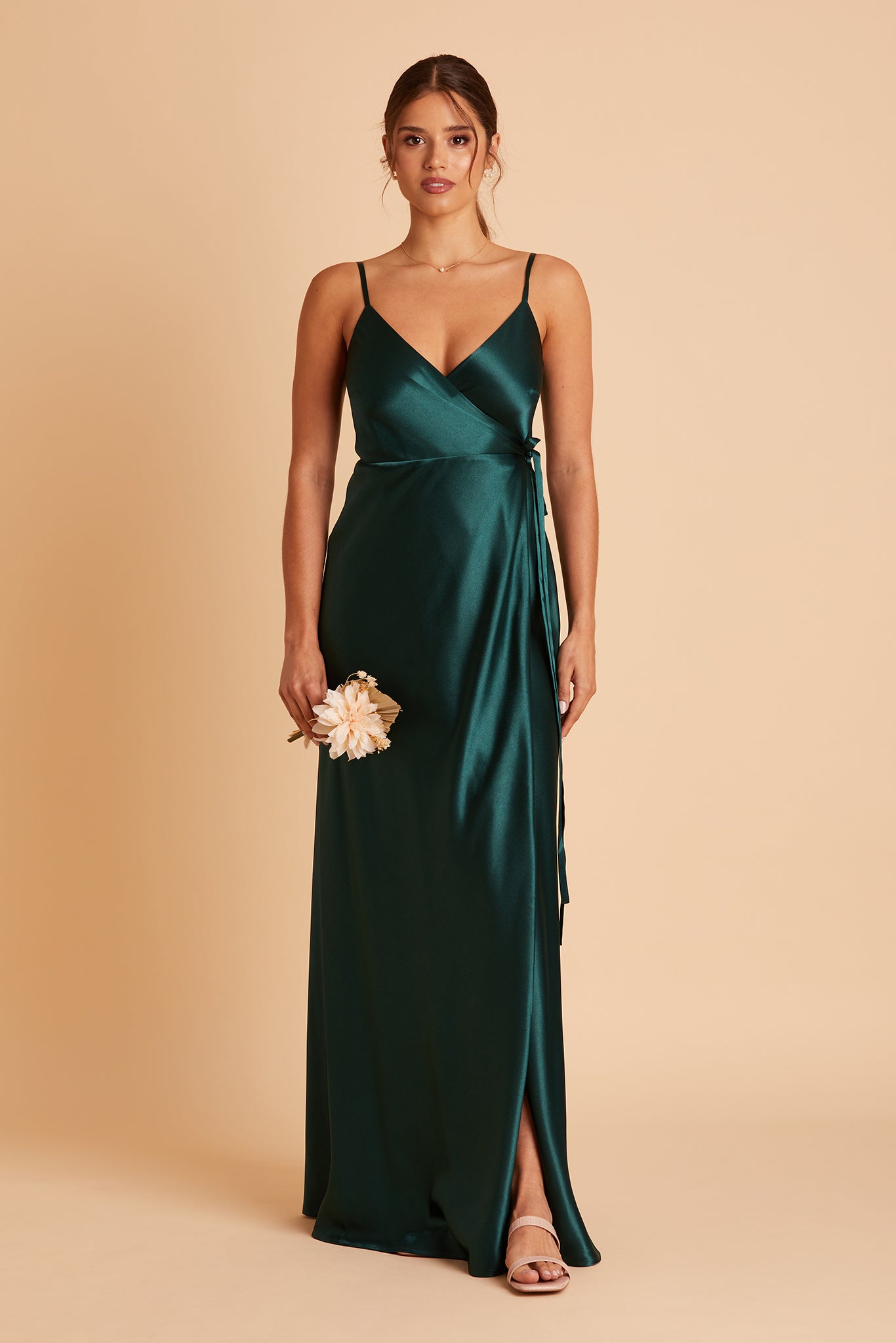 Cindy bridesmaid dress with slit in emerald satin by Birdy Grey, front view