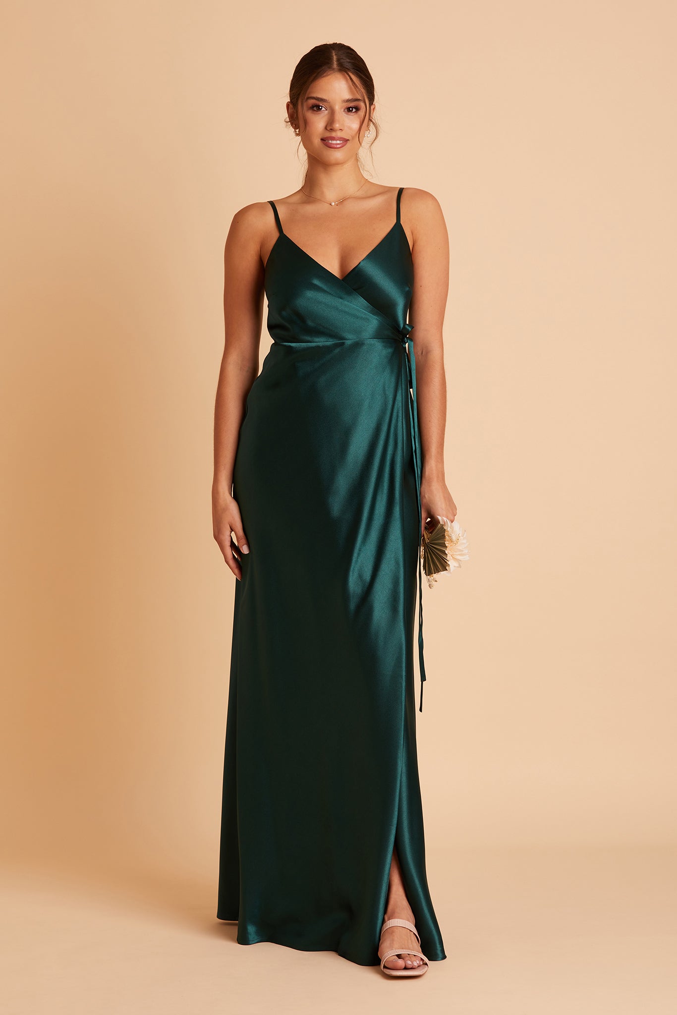 Cindy bridesmaid dress with slit in emerald satin by Birdy Grey, front view