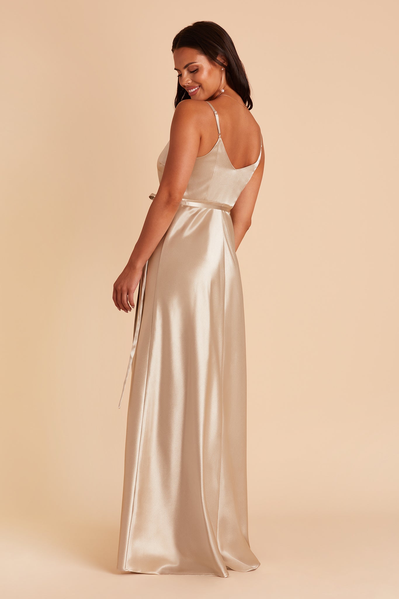 Cindy bridesmaid dress with slit in Neutral Champagne satin by Birdy Grey, side view