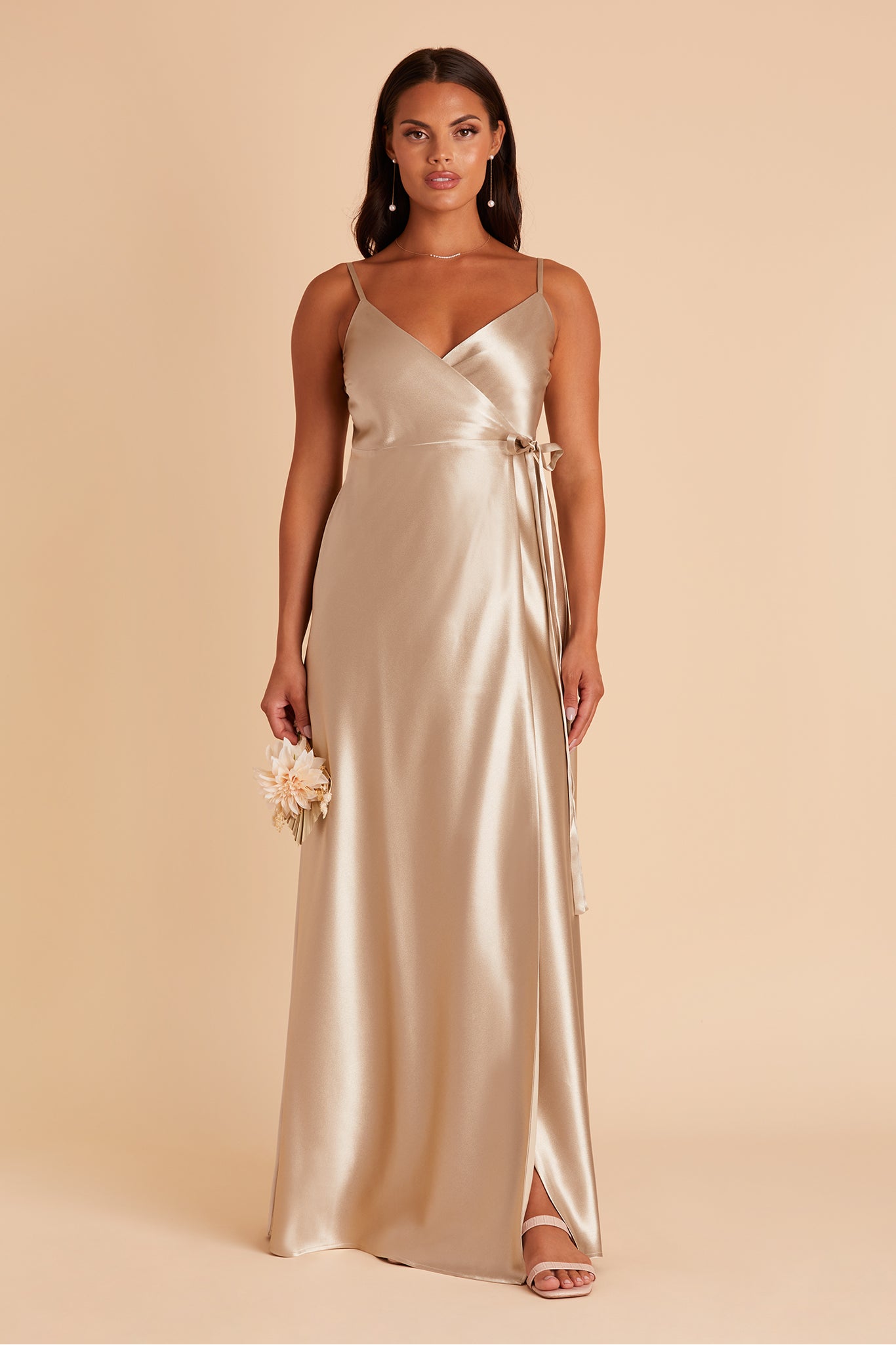 Cindy bridesmaid dress with slit in Neutral Champagne satin by Birdy Grey, front view