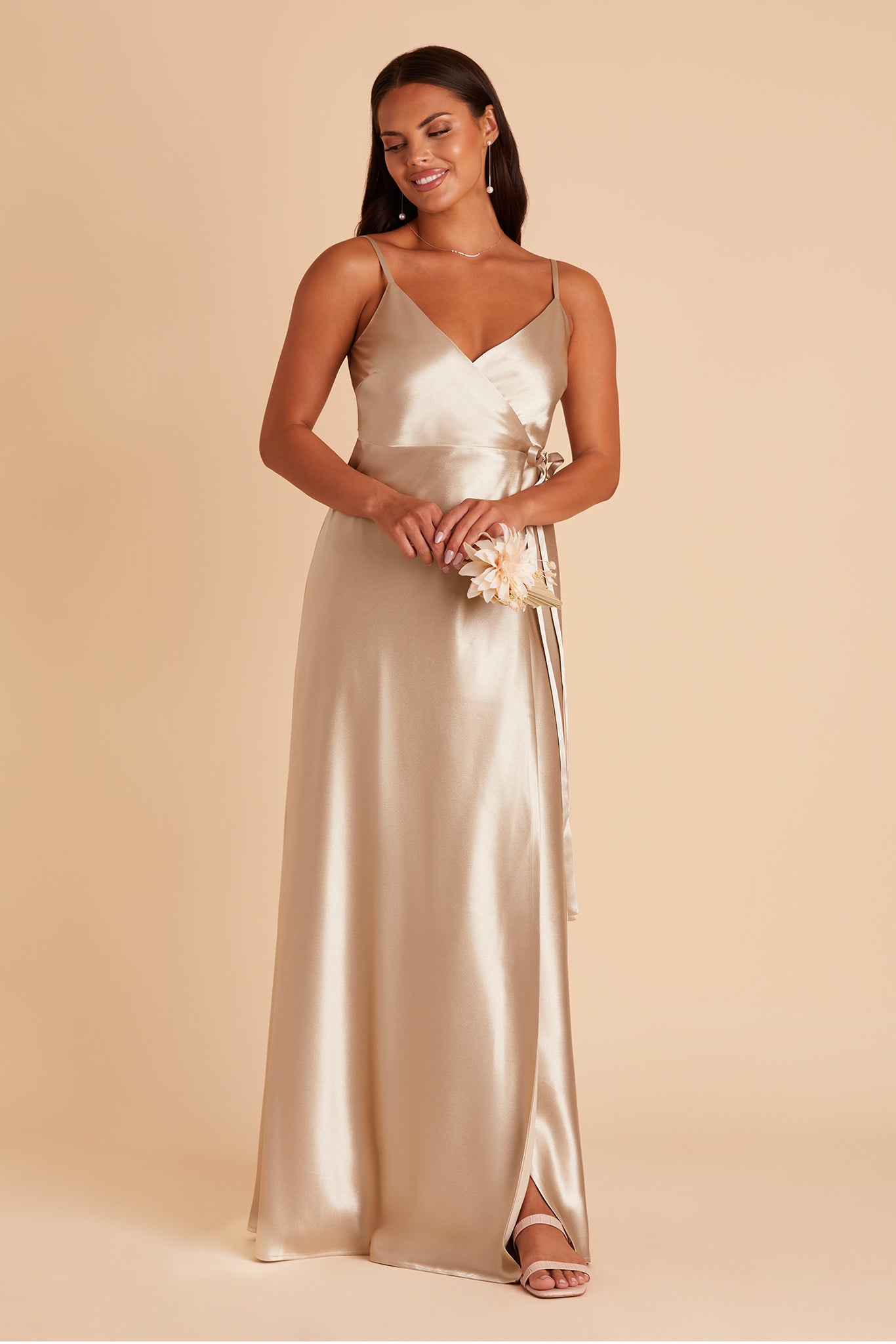 Cindy bridesmaid dress with slit in Neutral Champagne satin by Birdy Grey, front view