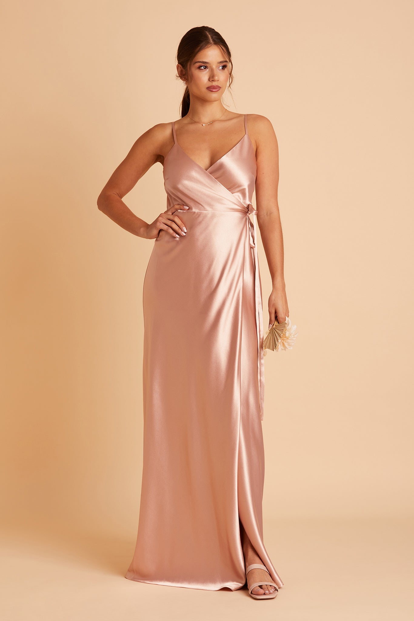 Cindy bridesmaid dress with slit in rose gold satin by Birdy Grey, front view