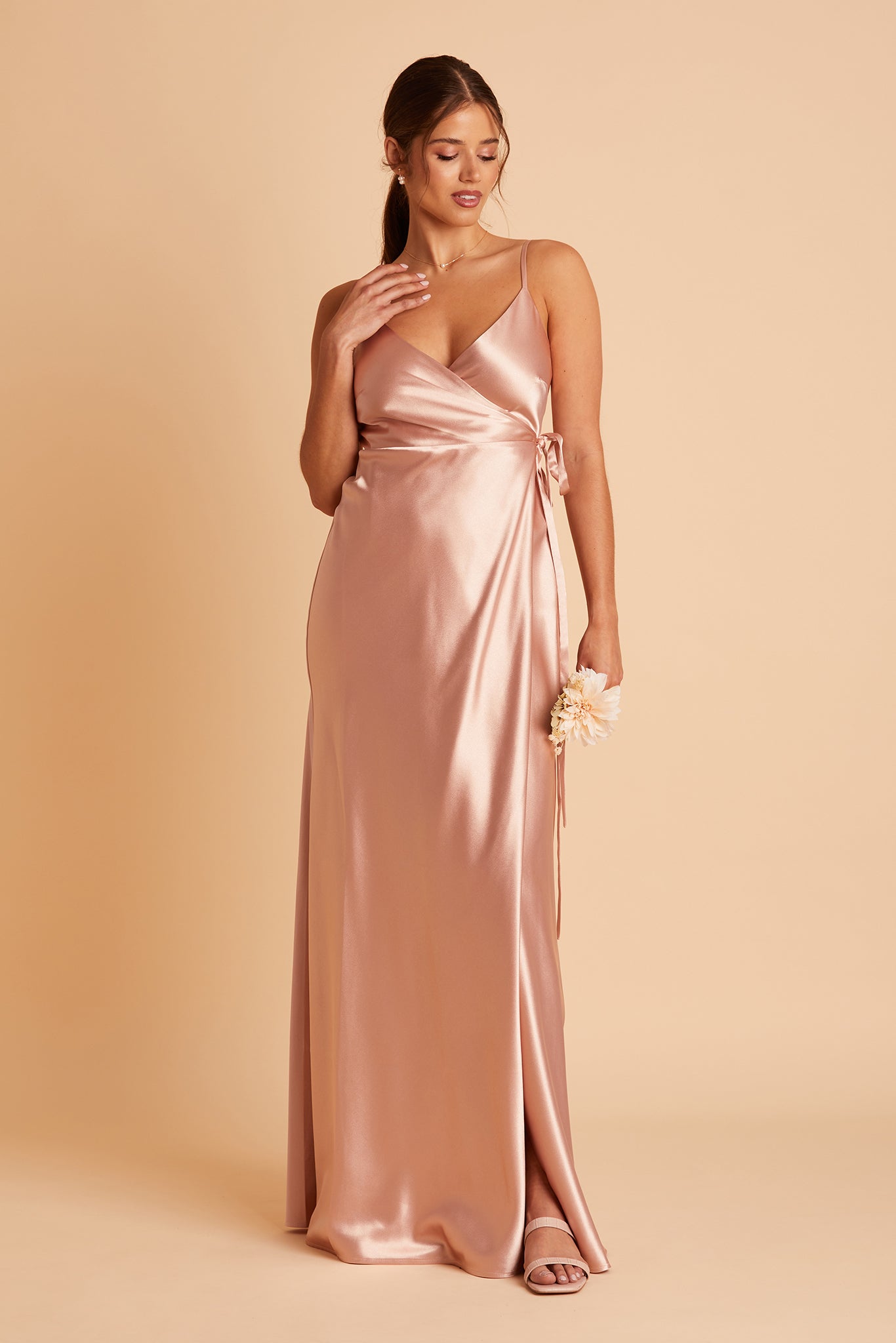 Cindy bridesmaid dress with slit in rose gold satin by Birdy Grey, front view