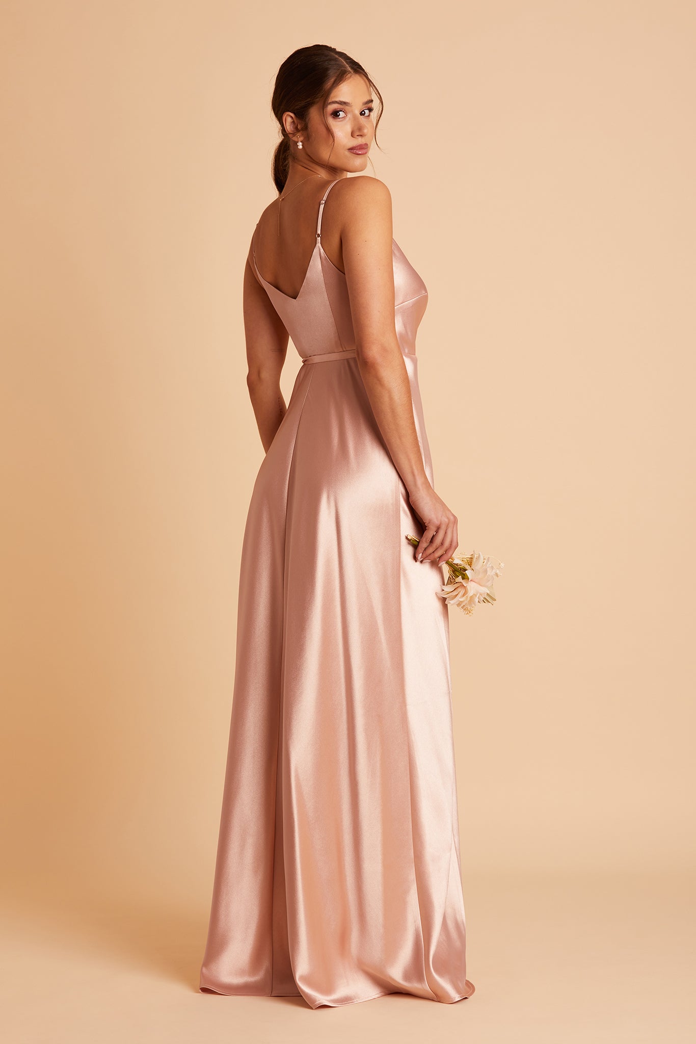 Cindy bridesmaid dress with slit in rose gold satin by Birdy Grey, side view
