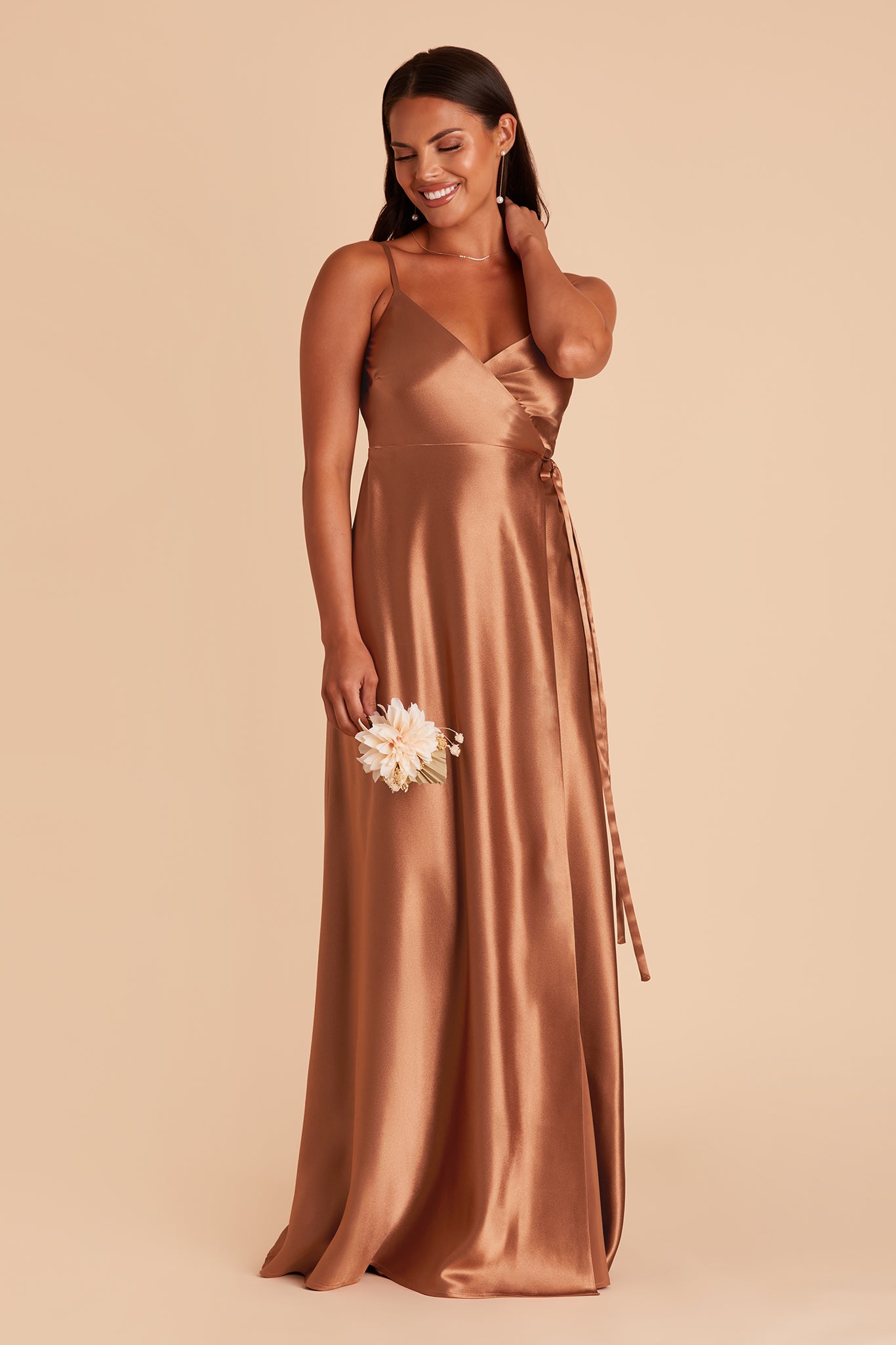 Cindy bridesmaid dress with slit in Rust satin by Birdy Grey, front view