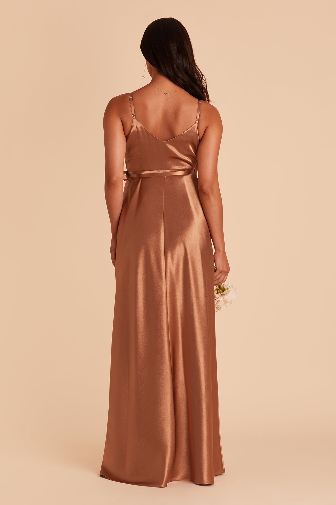 Cindy bridesmaid dress with slit in Rust satin by Birdy Grey, back view