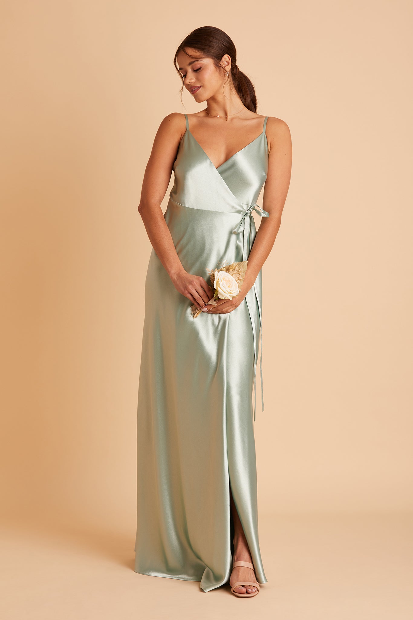 Cindy bridesmaid dress with slit in sage satin by Birdy Grey, front view