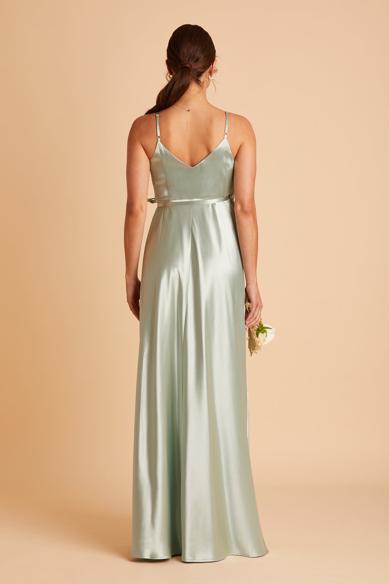 Cindy bridesmaid dress with slit in sage satin by Birdy Grey, back view
