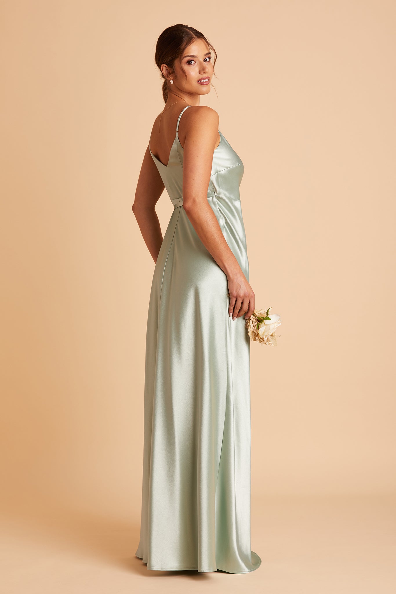 Cindy bridesmaid dress with slit in sage satin by Birdy Grey, side view