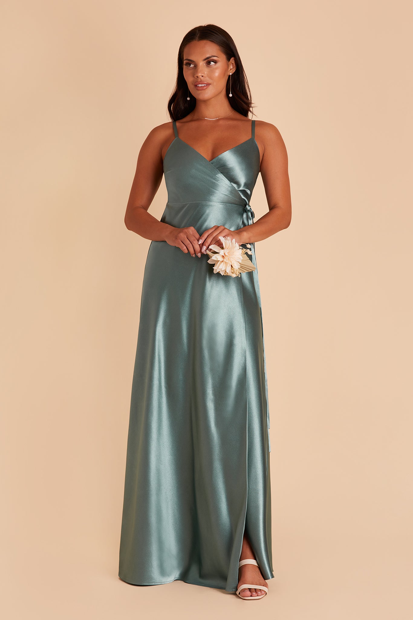 Cindy bridesmaid dress with slit in sea glass satin by Birdy Grey, front view