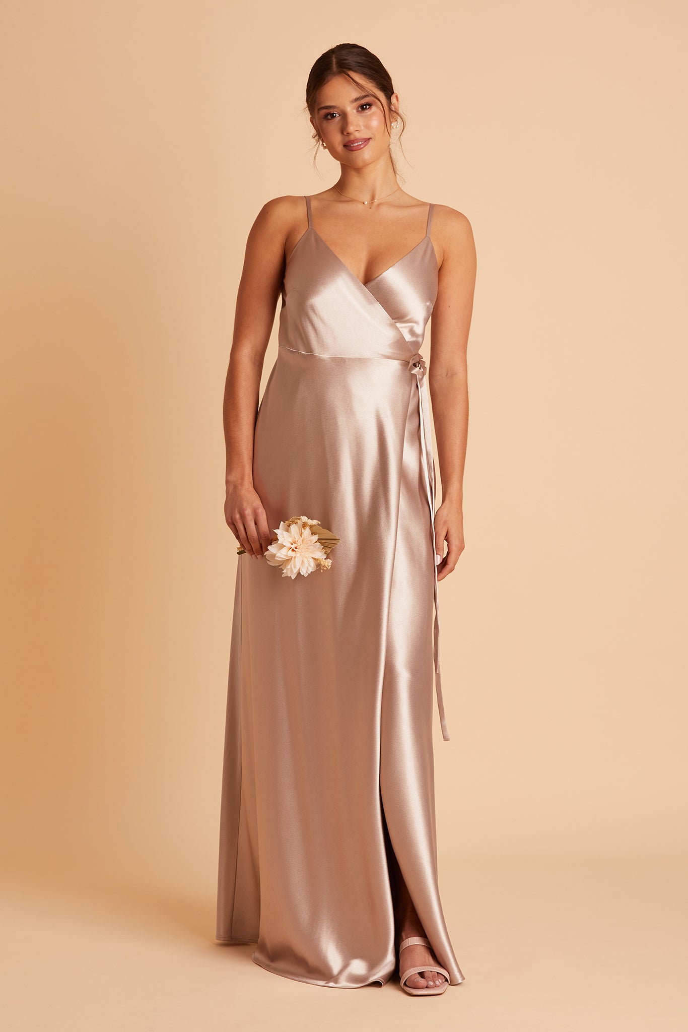 Cindy bridesmaid dress with slit in taupe satin by Birdy Grey, front view