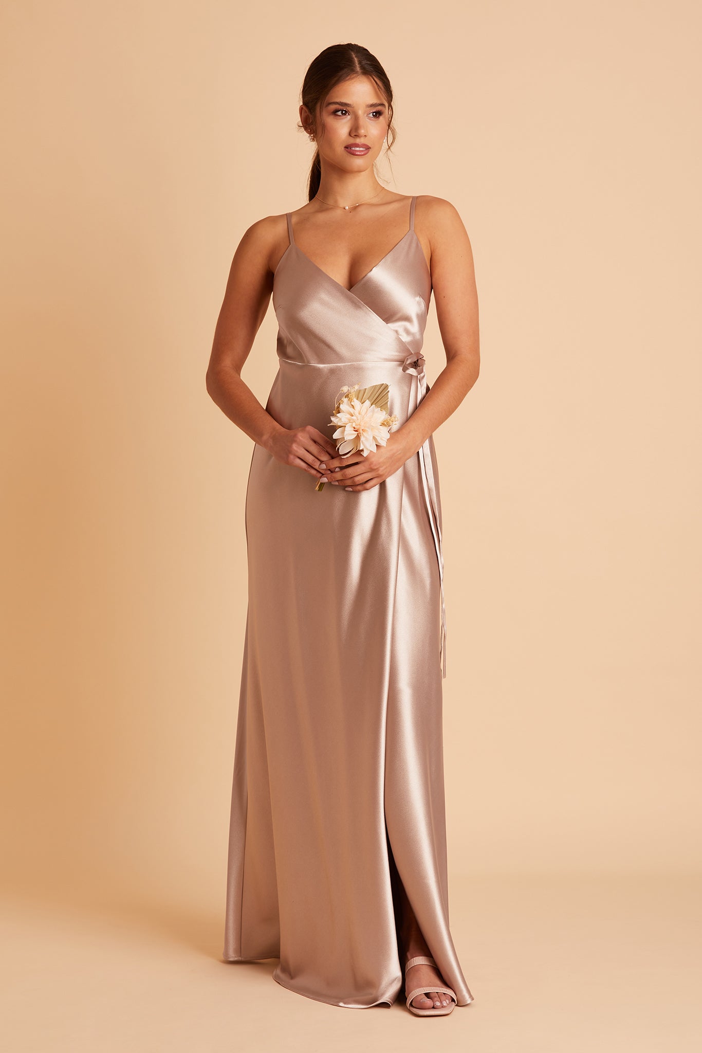 Cindy bridesmaid dress with slit in taupe satin by Birdy Grey, front view