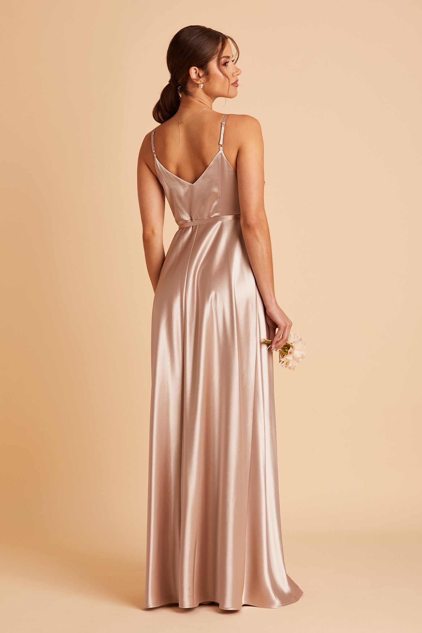 Cindy bridesmaid dress with slit in taupe satin by Birdy Grey, back view