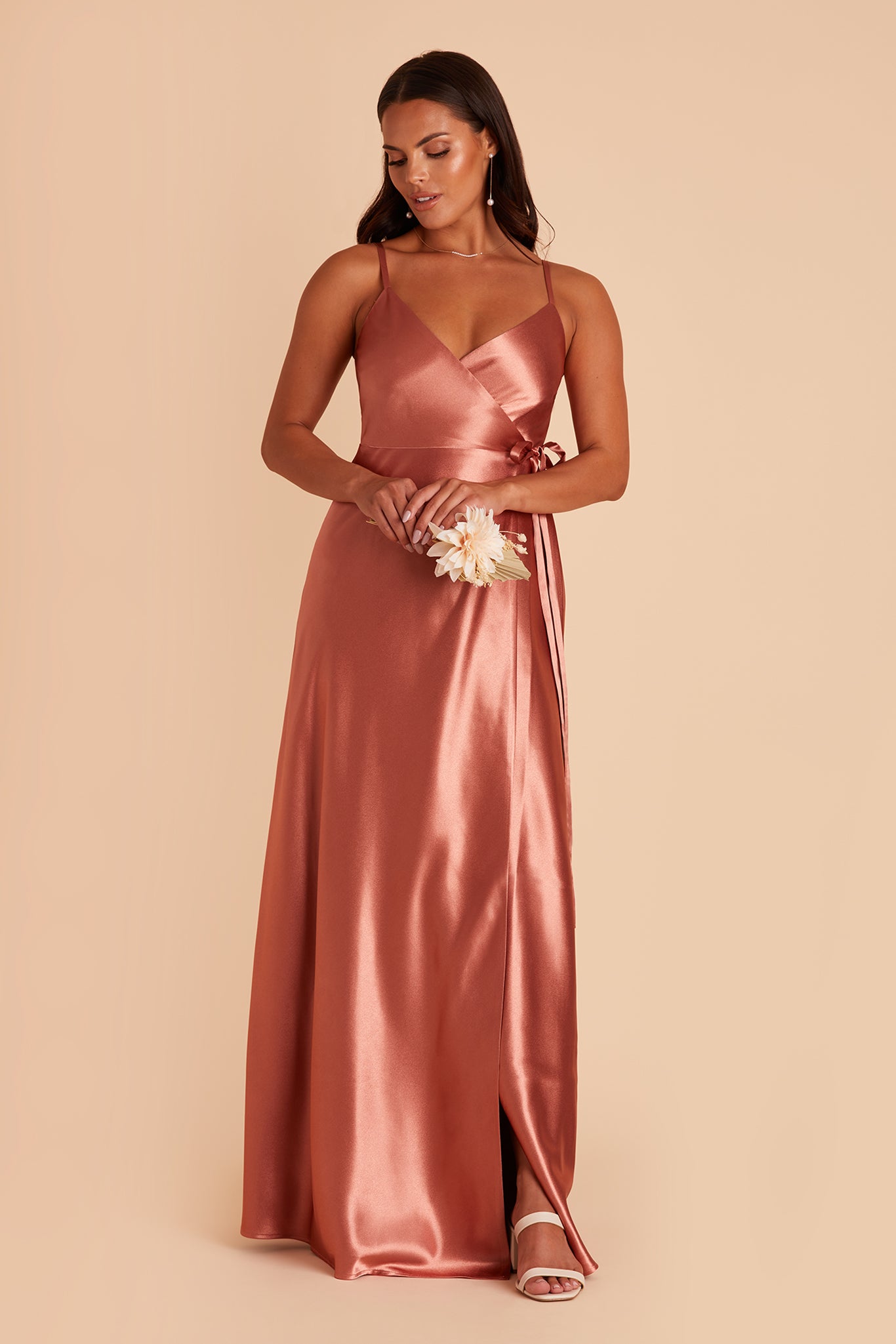 Cindy bridesmaid dress with slit in terracotta satin by Birdy Grey, front view