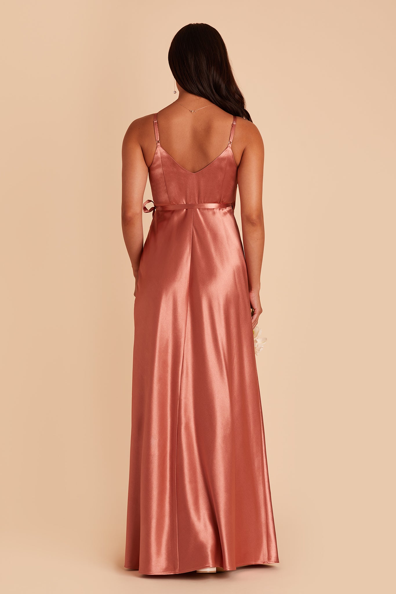 Cindy bridesmaid dress with slit in terracotta satin by Birdy Grey, back view