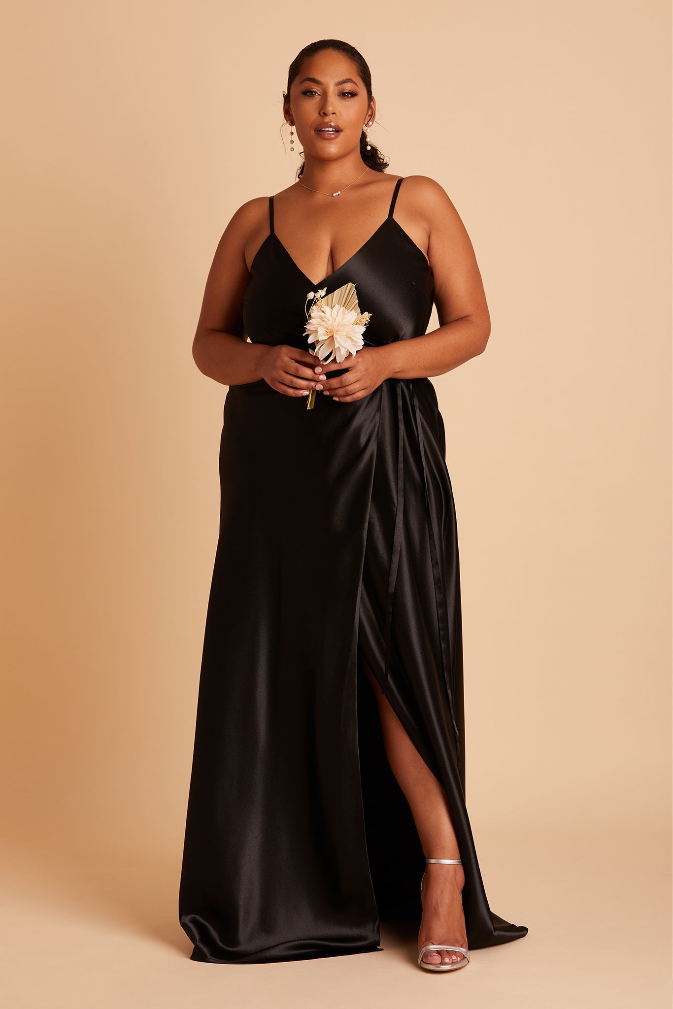 Cindy plus size bridesmaid dress with slit in black satin by Birdy Grey, front view