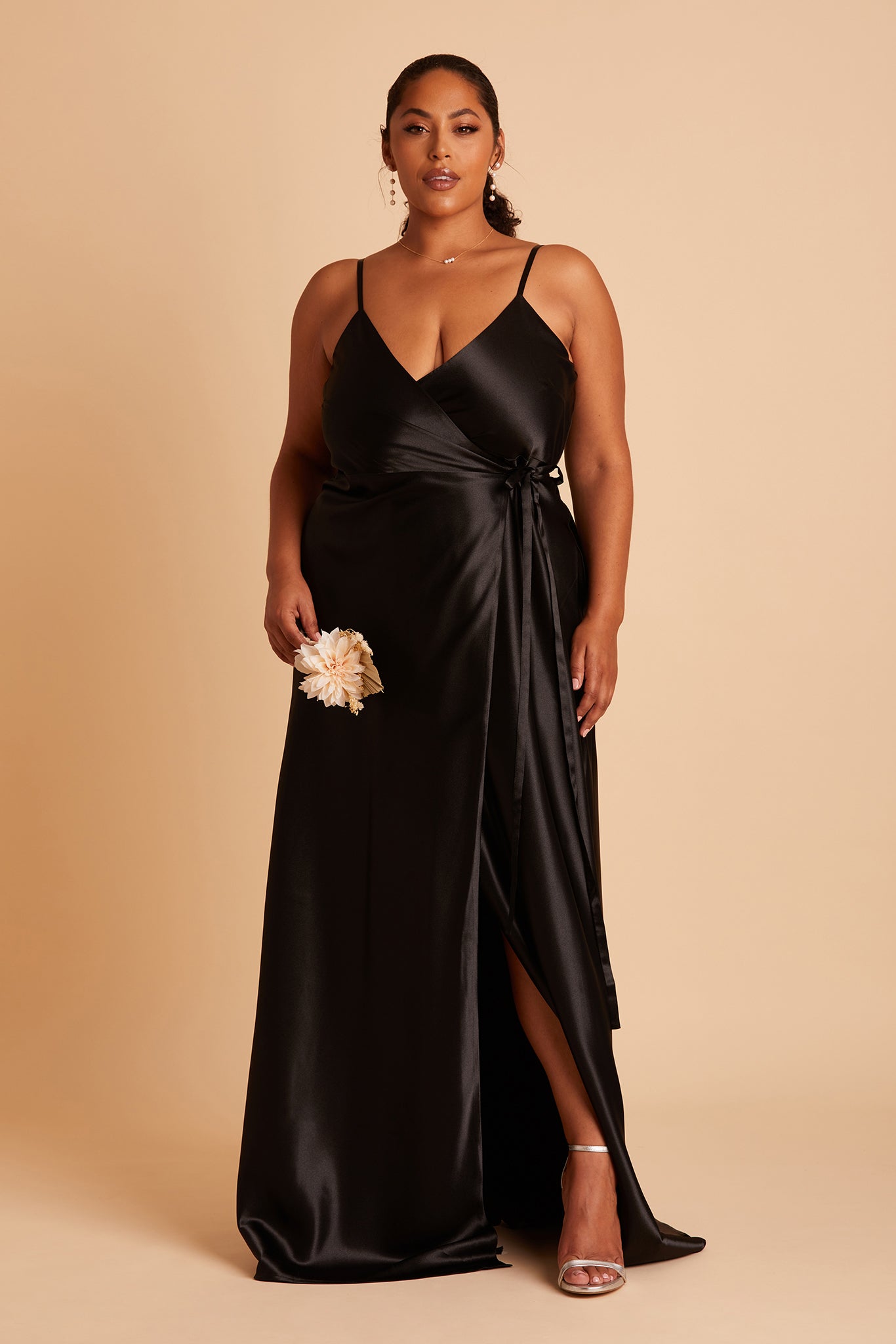 Cindy plus size bridesmaid dress with slit in black satin by Birdy Grey, front view