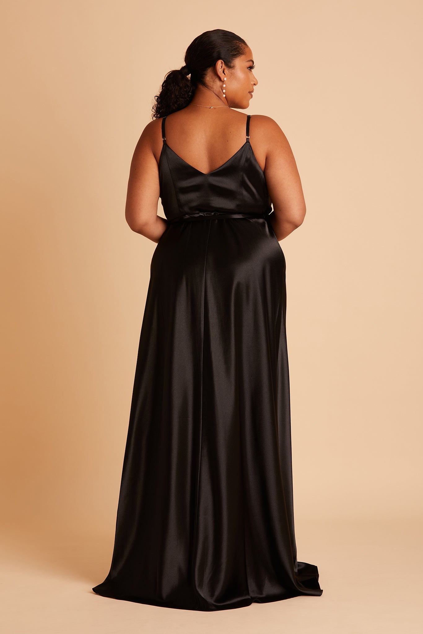 Cindy plus size bridesmaid dress with slit in black satin by Birdy Grey, back view
