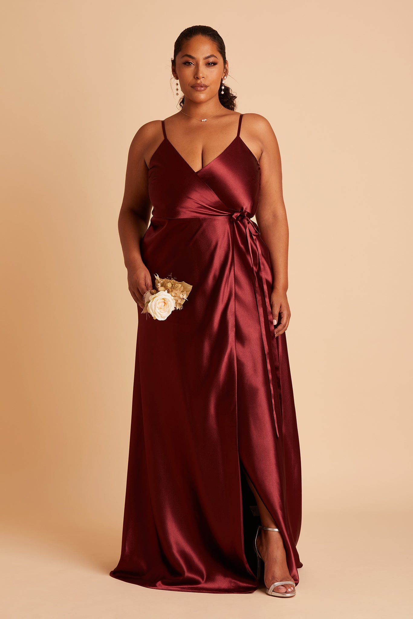 Cindy plus size bridesmaid dress with slit in cabernet satin by Birdy Grey, front view