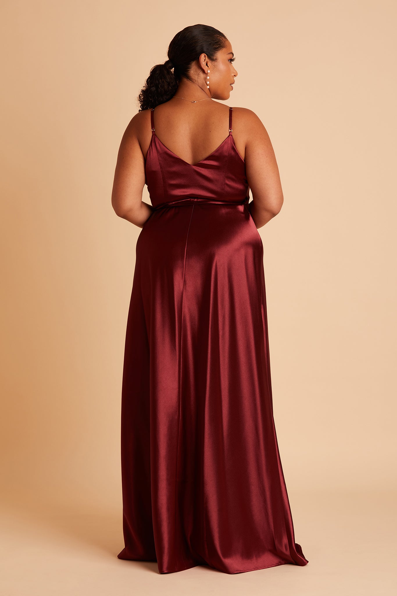 Cindy plus size bridesmaid dress with slit in cabernet satin by Birdy Grey, back view