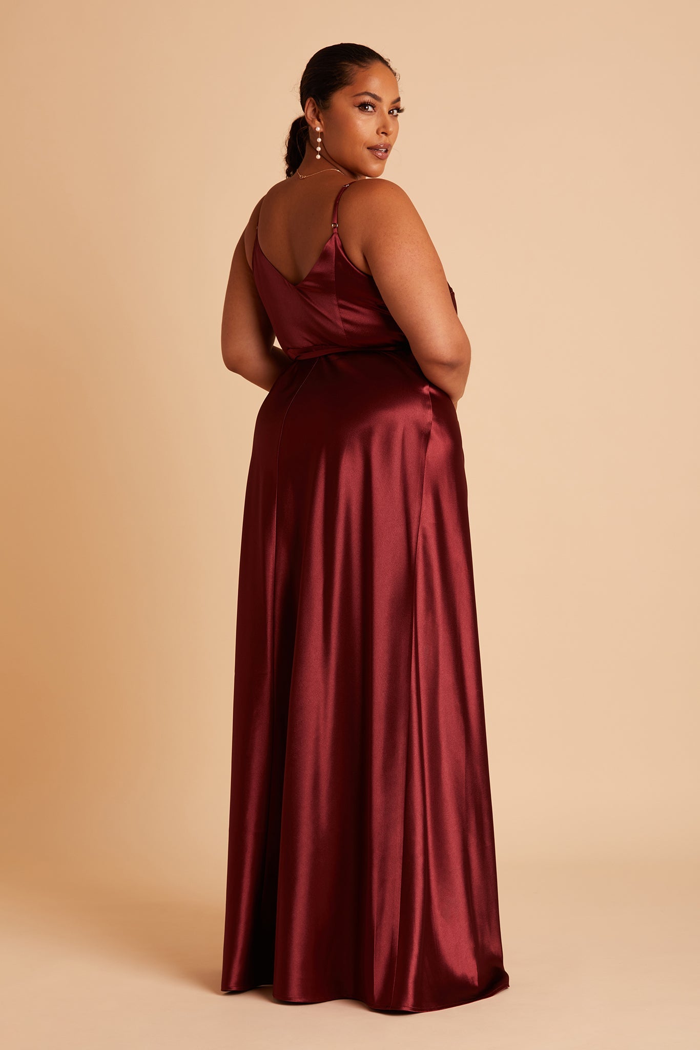 Cindy plus size bridesmaid dress with slit in cabernet satin by Birdy Grey, side view