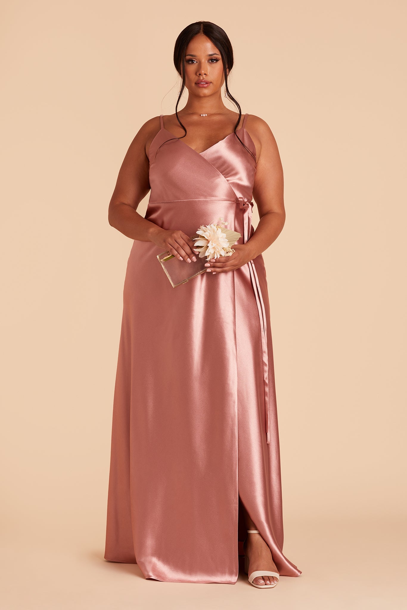 Cindy plus size bridesmaid dress with slit in Desert Rose satin by Birdy Grey, front view