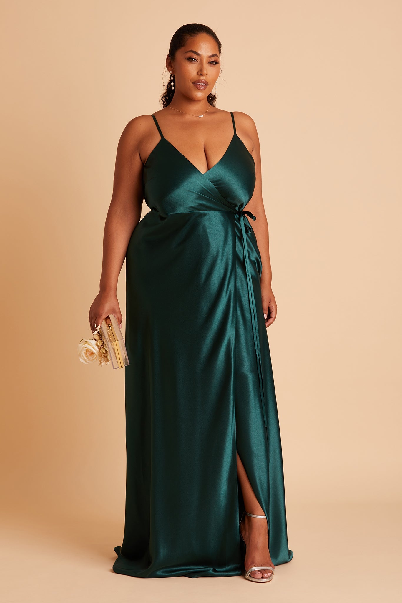 Cindy plus size bridesmaid dress with slit in emerald satin by Birdy Grey, front view