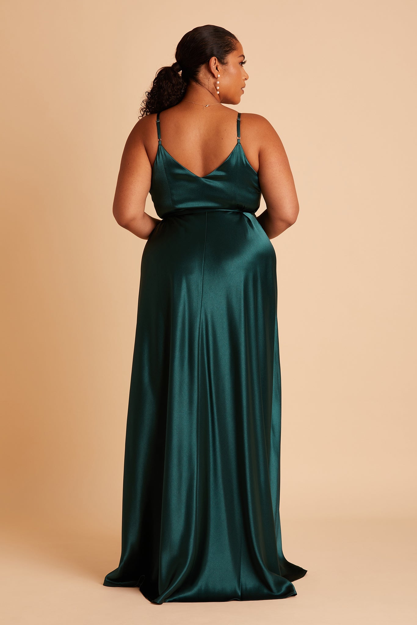 Cindy plus size bridesmaid dress with slit in emerald satin by Birdy Grey, back view