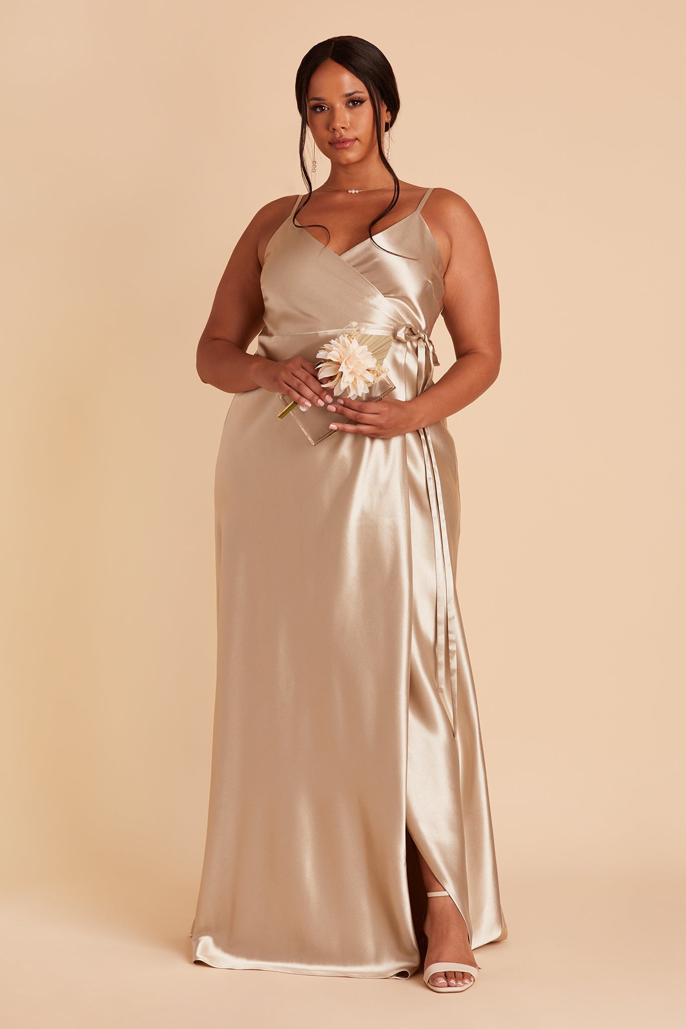 Cindy plus size bridesmaid dress with slit in Neutral Champagne satin by Birdy Grey, front view